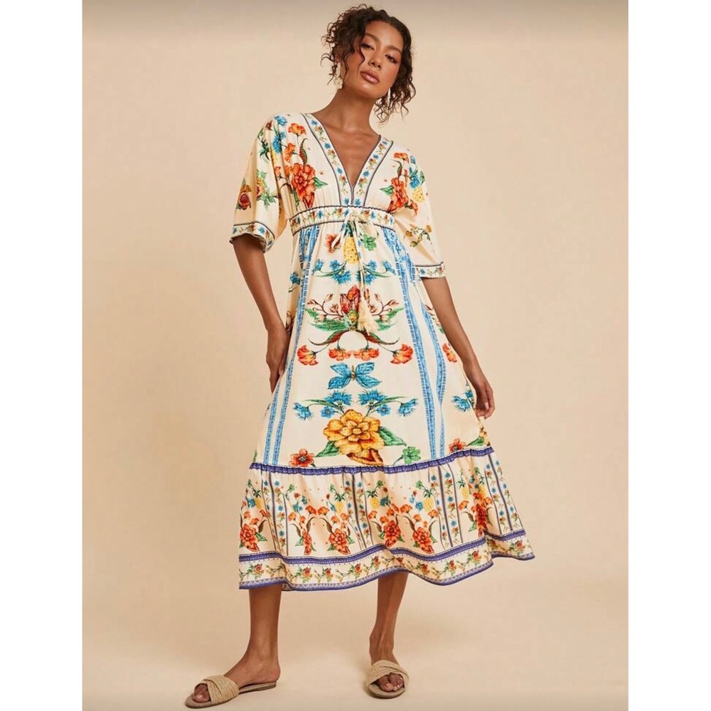 Tropical‎ Floral Pineapple Print V-Neck Midi Dress Cream Blue Orange Size small